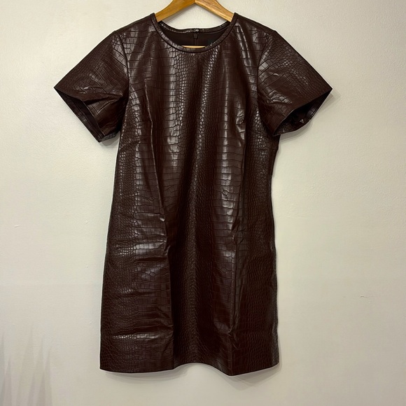 NWT J. Crew Collection Brown croc-embossed faux leather short sleeve mini dress - Picture 5 of 7